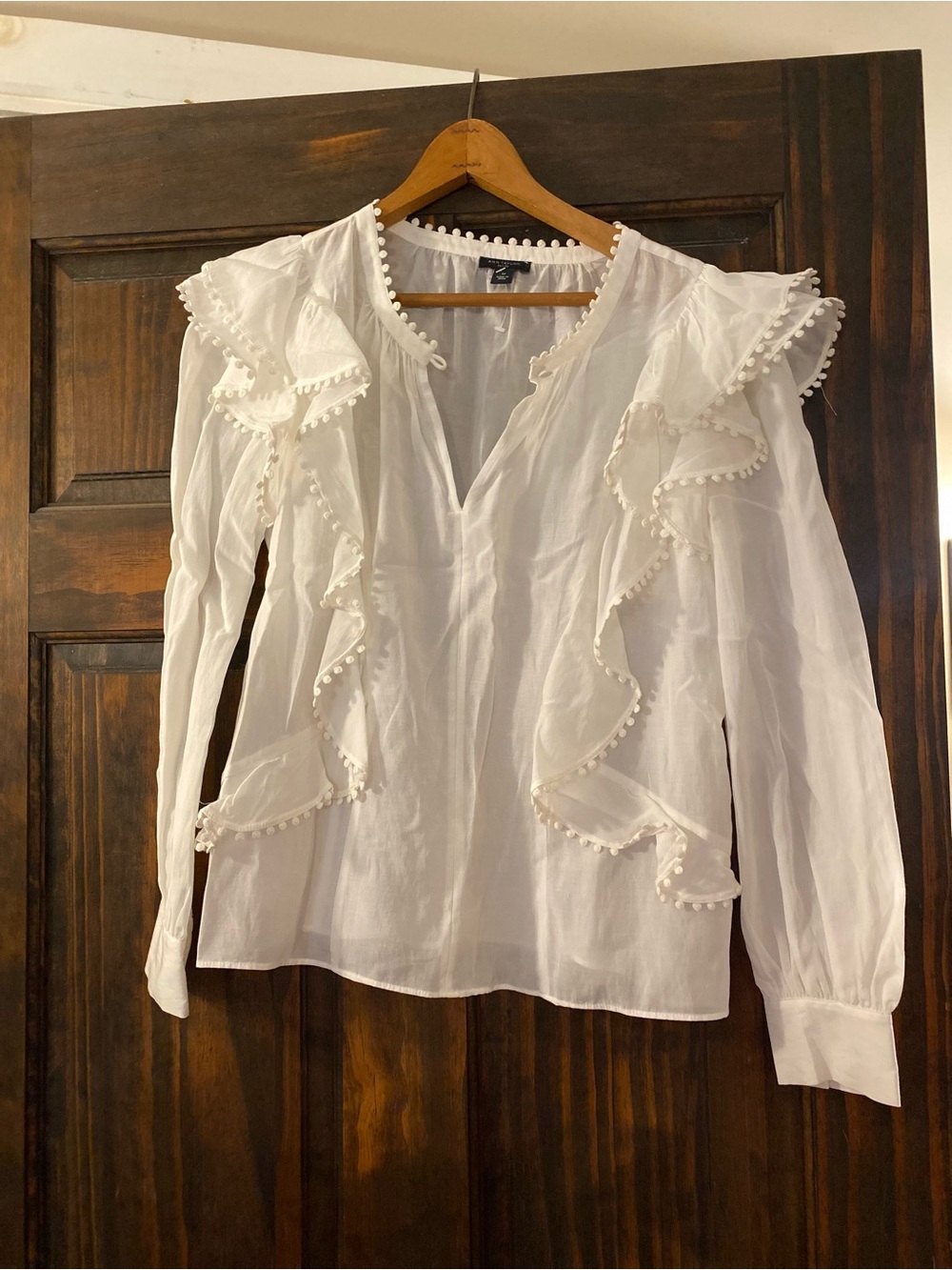 Ann Taylor White Ruffle-Trim V-Neck Blouse